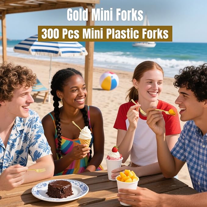 WDF Disposable Plastic Mini Forks 300 Pieces 4 Inches | Gold Plastic Forks | Thanksgiving Heavy Duty Plastic Tasting Forks | Perfect for Small Appetizers and Desserts for Wedding/Party/Birthday