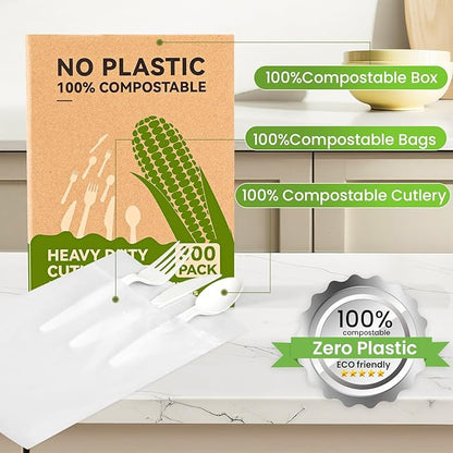 Compostable Utensils Set (300Pack), Heavy Duty & Eco-Friendly No-Plastic Spoons, Forks, Knives Cutlery Set - 100% Disposable Cornstarch Flatware for Lounge Party Wedding BBQ Picnic Camping