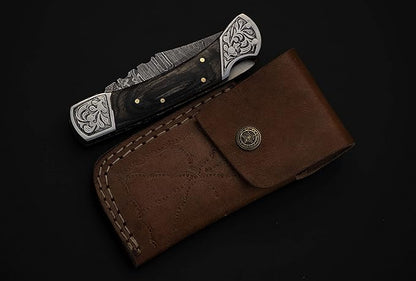 8.5" long Folding Knife, Wood Scale with Engraved steel bolster, custom made 4.25" Hand Forged Damascus steel blade Cow hide leather sheath with belt loop (Black)