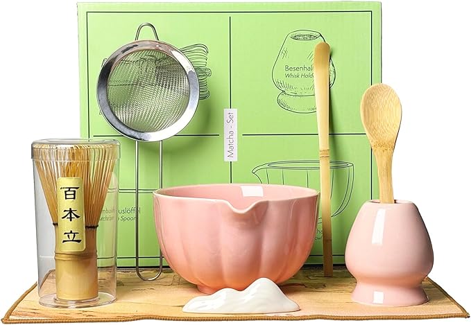 Matcha Whisk Set, Ceramic Matcha Bowl with Whisk & Holder, Bamboo Scoop & Spoon, Scoop Rest, Sifter and Tea Towel- 8 Pcs Matcha Kit for Matcha Lovers (Pink)