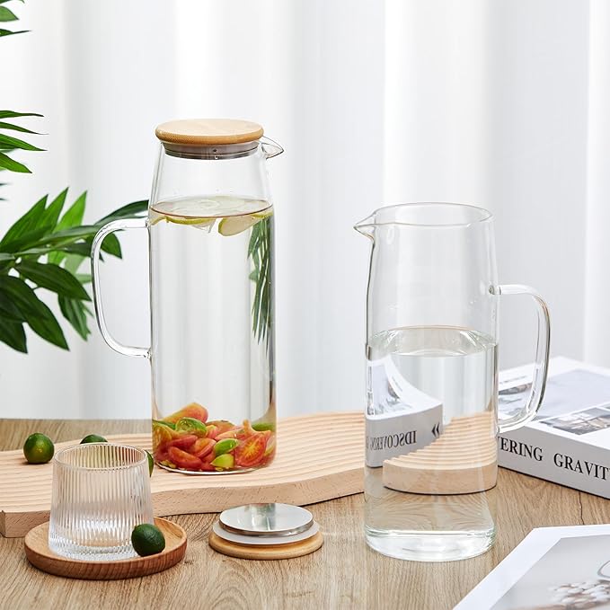 Hsei 2 Sets Glass Pitcher with Lid, 67.6 oz / 2000 ml Water Carafe with Handles