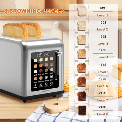 2 Slice Toaster Touch Screen, Stainless Steel Toasters Digital Timer 2 Slot