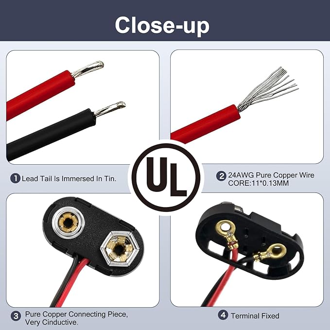 CHANZON UL Wire 9v Battery Clip Connector Holder T-Type with Hard Plastic Shell and Lead Wire Pack of 10pcs kit for Arduino LED Strip