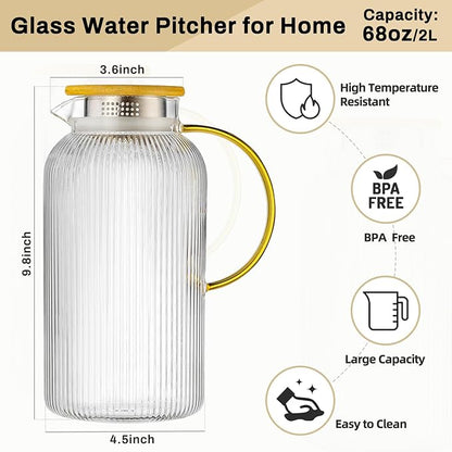 Buaic Glass Pitcher with Lid, 2 PACK 68 oz/2 Liter Vertical Water Pitcher With