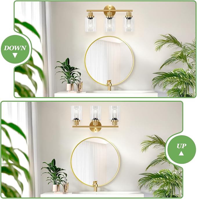Guliaofo 3-Light Brushed Gold Vanity Lights, E26 Modern Bathroom Light Fixtures