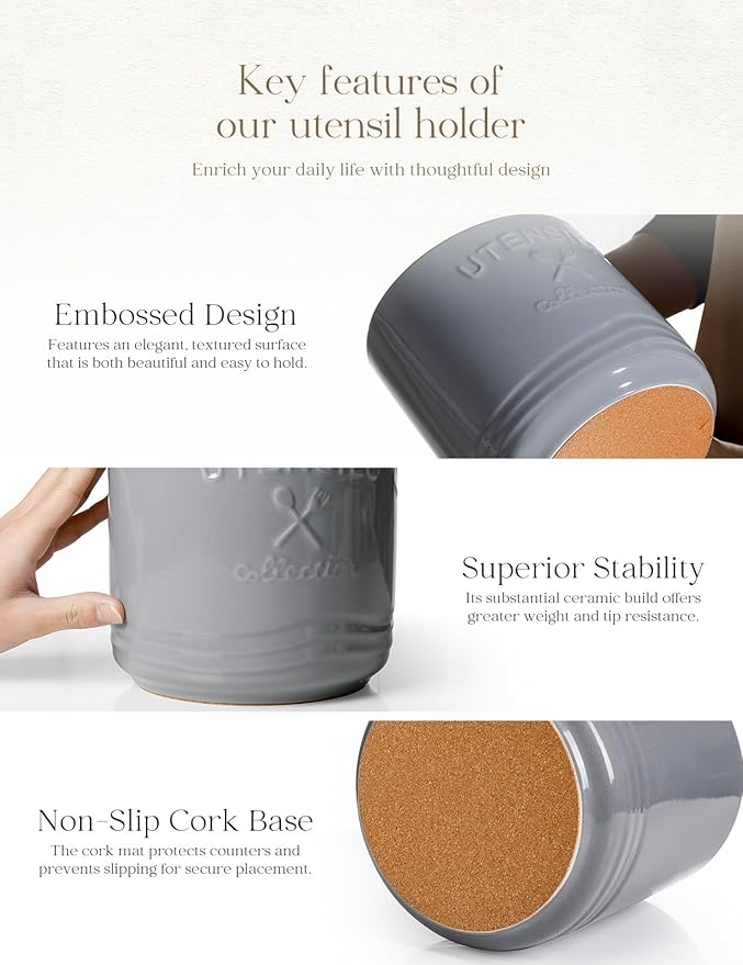 AISBUGUR Large Ceramic Utensil Holder 7.5" H×6.3" W