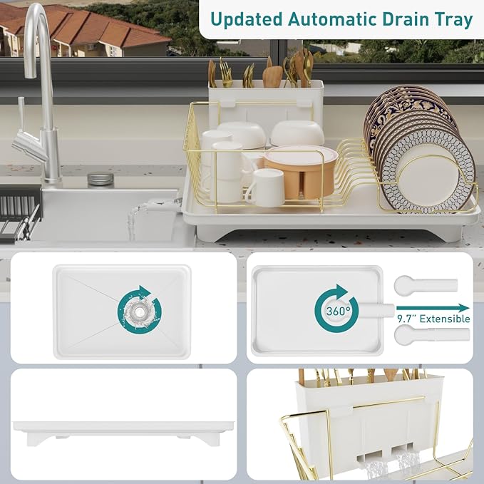 Buruis Dish Drying Rack for Kitchen Countertop, Large Capacity Gold Stainless