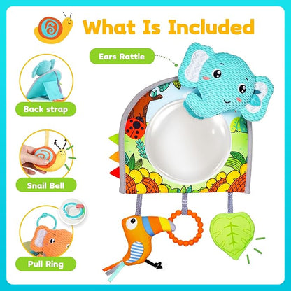 Baby Car Seat Toys - Mirror, Teether & Crinkle Paper - Rear Facing & Tummy Time - Fun Travel Toy
