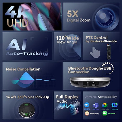 TONGVEO 4K Conference Room Camera System, AI Auto-Tracking PTZ Camera 5X