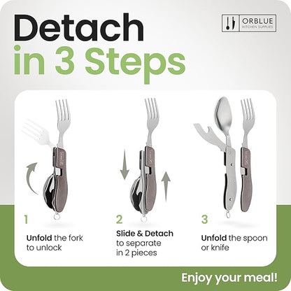 Orblue 4-in-1 Camping Utensils, 2-Pack - Portable Stainless Steel Spoon, Fork, Knife & Bottle Opener Combo Set - Travel, Backpacking Cutlery Multitool, Gray