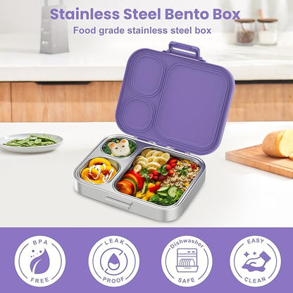 Stainless Steel Bento Lunch Box for Kids | 3-Compartment Lunch Box Container Kids | 100% Leakproof, Eco-Friendly, Perfect Portion Control for Kids&Adult Healthy Meals (Purple)