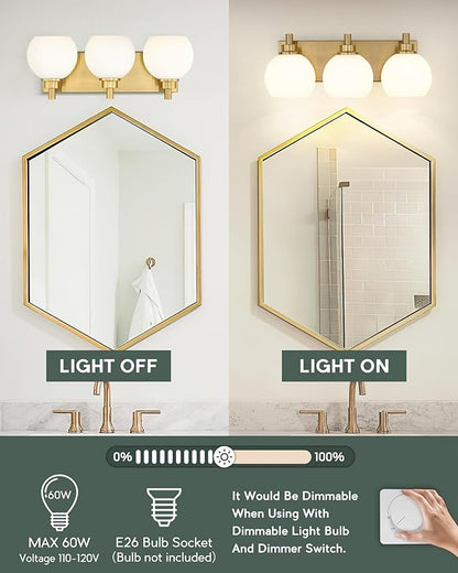 METWET Bathroom Light Fixtures, 3-Light Brushed Gold Vanity Light, Modern Wall