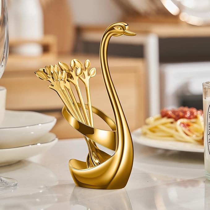 AnSaw Gold Small Coffee Spoon Holder Set, Swan Base