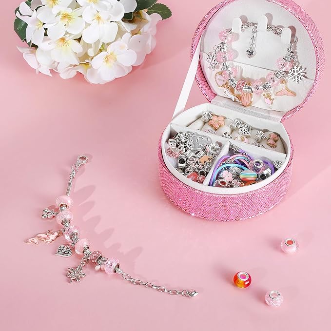 Emibele Girls Charm Beads Bracelet Making Kit with Portable Jewelry Box, Jewelry Making Kit for Kids Age 5 6 7 8-12, DIY Arts Crafts Toys for Teens Girls Gift Choices on Birthday Valentines Christmas