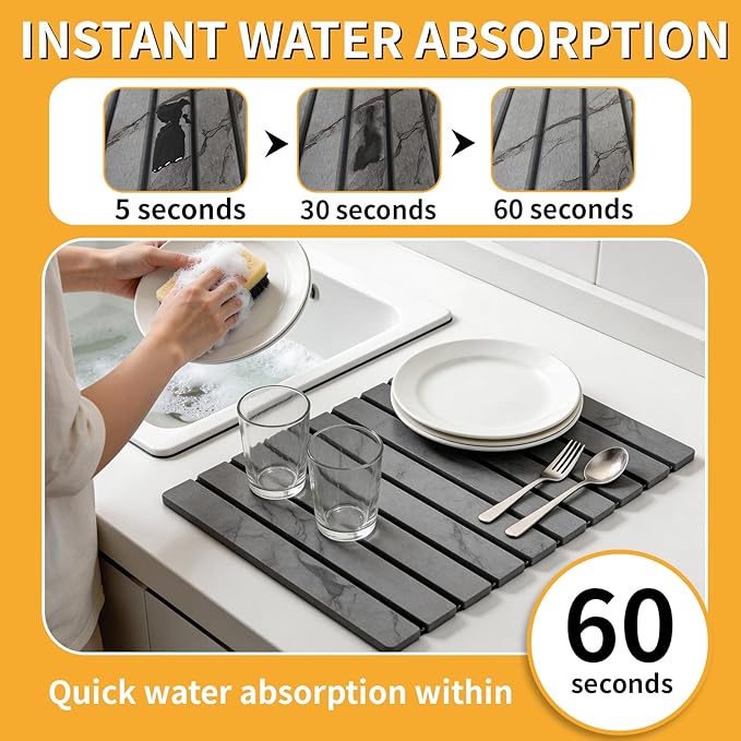 Stone Dish Drying Mat for Kitchen Counter, Foldable Water Absorbing