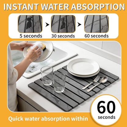 Stone Dish Drying Mat for Kitchen Counter, Foldable Water Absorbing