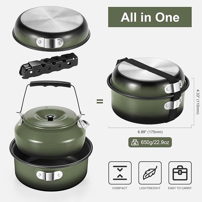 Odoland 5pcs Camping Cookware Non-Stick Camping Pot and Pan Set with Kettle and Removable Handle for Hiking Backpacking and Picnic
