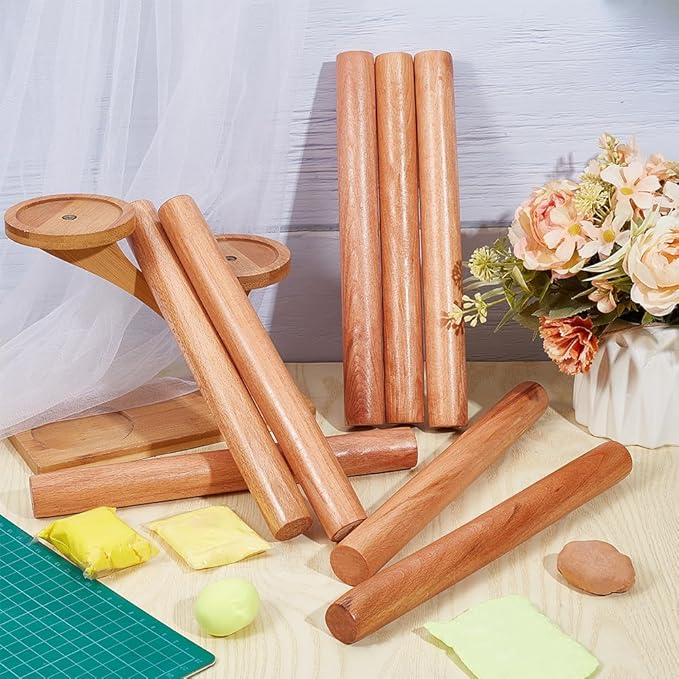 OLYCRAFT 8pcs Wood Rolling Pins 10 inch Clay Rolling Pins 1.1 inch Diameter