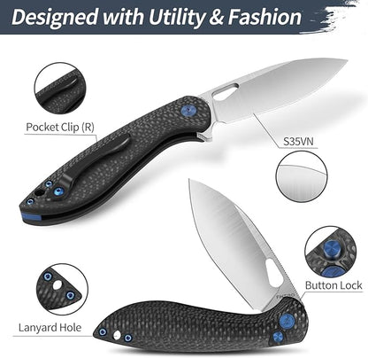 Pocket Knife, 3.1" Unique S35VN Blade Folding Knife with Button Lock, EDC Knife with Carbon Fiber Handle for Camping, Survival, Best Gift for Men Women-COBRA series
