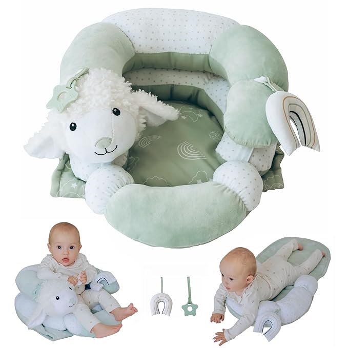 2-in-1 Tummy Time Mat and Seated Support with Sensory Toys – for Newborns and Babies – Includes Detachable Cushion for Supervised Play & Head/Neck Development (Sage)