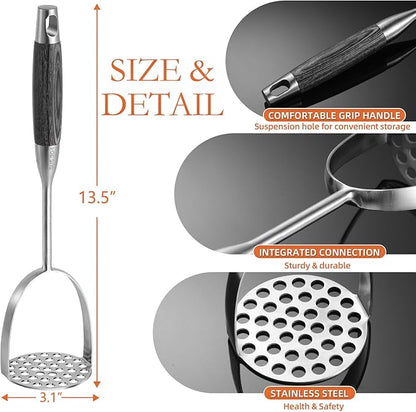 Potato Masher Stainless Steel, Heavy Duty Mashed Potatoe Masher,Professional Integrated Food Masher for Avocado, Potatoes, Beans, Meat, Vegetables (Black wooden handle Masher)