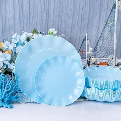 LIYH 24 Pcs Blue Plastic Plates Reusable - Unbreakable Light Blue Scalloped Plates, Dishwasher Safe Camping Plate for Parties, Birthday, Picnics, BPA Free (12Guests)