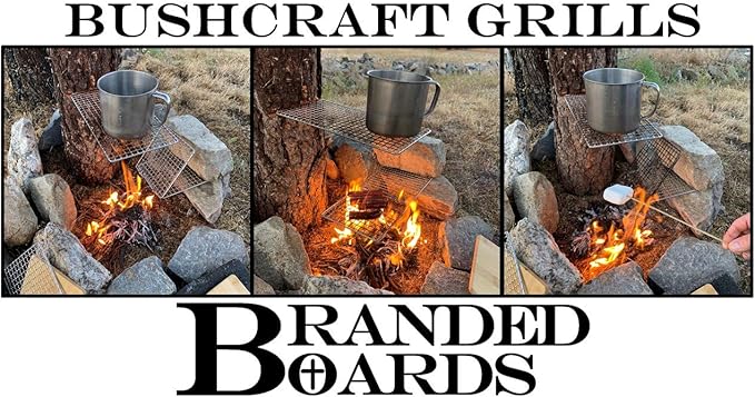 Portable Bushcraft Stainless BBQ Cooking Grill Grate, Bamboo Cutting Board, Burlap Bag, Mini Knife, Fire Starter Kits. Camping, Campfires, Backpacking, Hunting & Fishing Gear