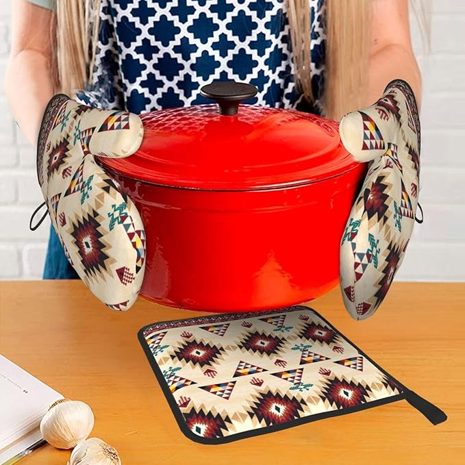 Southwestern Aztec Oven Mitts and Pot Holders Set of 3, Heat Resistant Non-Slip