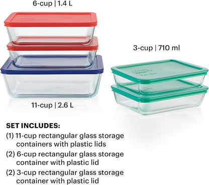 Pyrex Simply Store (5-Pack) Large Glass Food Storage Containers Set, (3, 6 & 11 Cup) Meal Prep Containers With BPA-Free Lids, Dishwasher & Microwave Safe