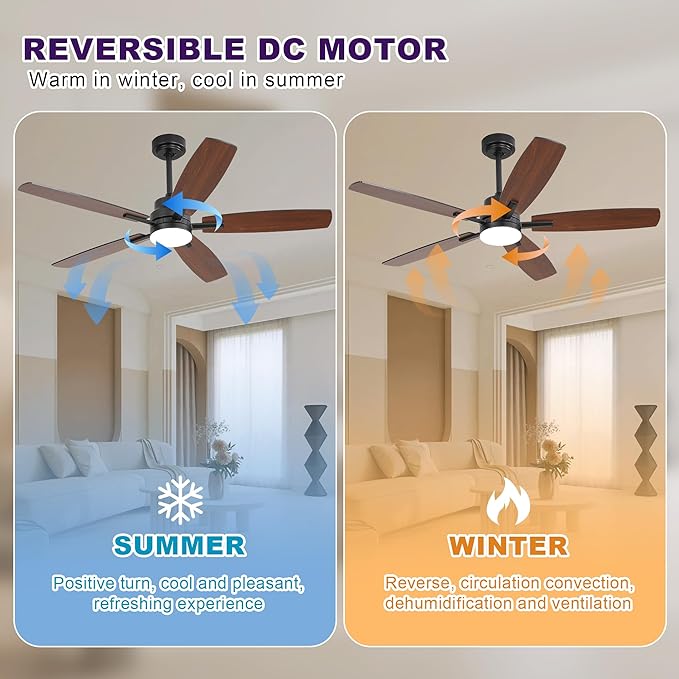 ARTPLAN 52" Ceiling Fan with Light and Remote, Noiseless DC Motor & Reversible