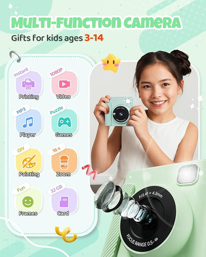 Kids Instant Print Camera, Christmas Birthday Gifts for Girls and Boys, 1080P HD Video Digital Kids Camera with Print Paper & 32G Card, Toddler Toy for 3-14 Years Old (Green)