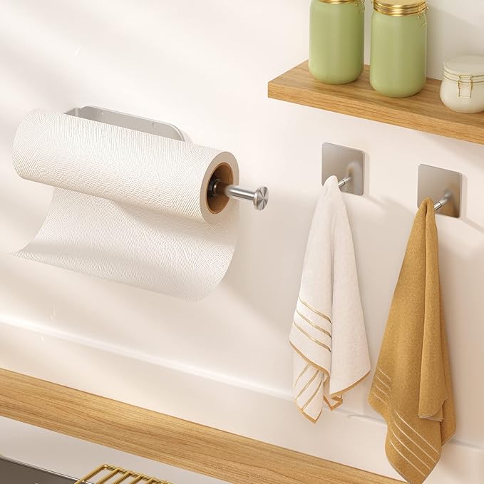 Paper Towel Holder Under Cabinet + Towel Robe Hooks, Single Hand Operable Under