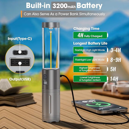 2 in 1 LED Camping Lantern, 2500mAh Rechargeable Camping Light, 6 Modes Outdoor Flashlight Lantern Portable, Waterproof Zoomable Tent Light for Emergency, Hiking, Hurricane, Power Outages