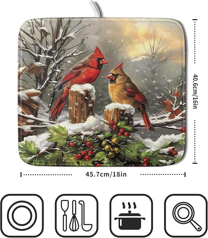 Winter Dish Drying Mat for Kitchen Counter 16x18 Inch Red Birds Cardinal Tree