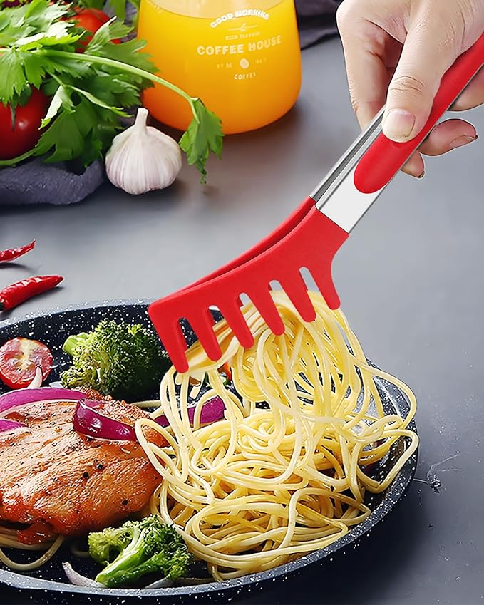 Spaghetti Spoon and Pasta Tong, Non-stick Silicone Spoon Server Fork with teeth and Stainless Steel Handle Spaghetti Tong, Food Clip for Spaghetti Noodle (RED)