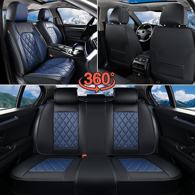 Coverado Car Seat Covers Full Set, Luxury Faux Leather Waterproof Seat Cover, Black and Blue Car Seat Covers, Car Seat Protector, Automotive Seat Covers Universal Fit for Most Cars, Black&Blue
