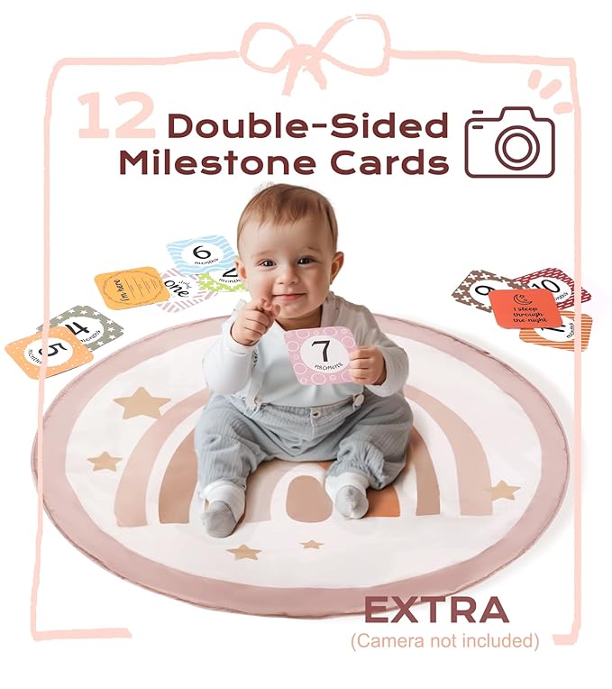 Baby Play Gym Mat, Tummy Time Activity Mat with 7 Detachable Toys and 12 Milestone Cards for Stage-Based Sensory and Motor Skill Development, Washable Play Mats for Infant, Newborn Baby Essentials