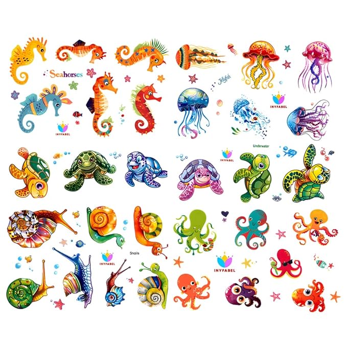 101+ Ocean Temporary Tattoos – Printable, Waterproof Fake Tattoos for Kids, Girls, Boys, Teens & Adults – Ideal for Birthday Parties, Decorations (A)
