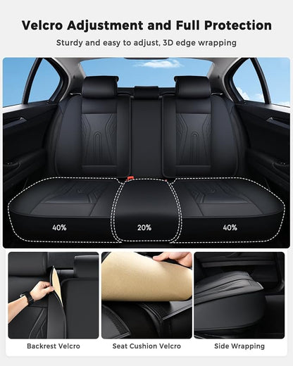 Huidasource Car Seat Covers Full Set, Universal Fit for Most Cars SUV Trucks, Full Coverage Nappa Leather Seat Cover, Airbag, Cupholder Compatible, Velcro Adjustable, Seat Function Retain, Black
