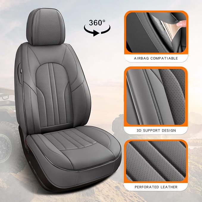 MINGBRON Car Seat Covers Front Seats, Comfortable Leather Car Seat Covers, Waterproof Front Seat Covers for Cars, Luxury Automotive Seat Protecor Covers for Most Sedans SUV Pick-up Truck (Gray)