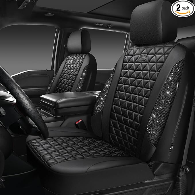 CAR PASS Bling Diamond Leather Car Seat Covers 2 Front Seats Interior Sets, Waterproof Shining Glitter Sparkly Crystal Universal Armrest Fit Automotive Truck SUV Cute Women Girl, Black PU Rhinestone