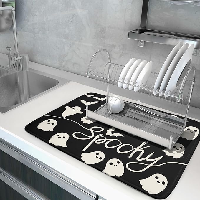 Halloween Dish Drying Mat for Kitchen Counter 18x24 Cute Ghost Black Spooky