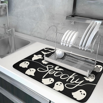 Halloween Dish Drying Mat for Kitchen Counter 18x24 Cute Ghost Black Spooky