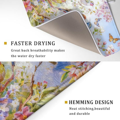 Floral Birds Dish Drying Mat Spring Decoration Absorbent Dish Drain Cloth Mat