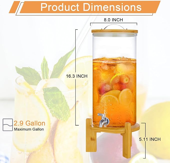 Beverage Dispenser, 2.9 Gallon Glass Drink Dispenser