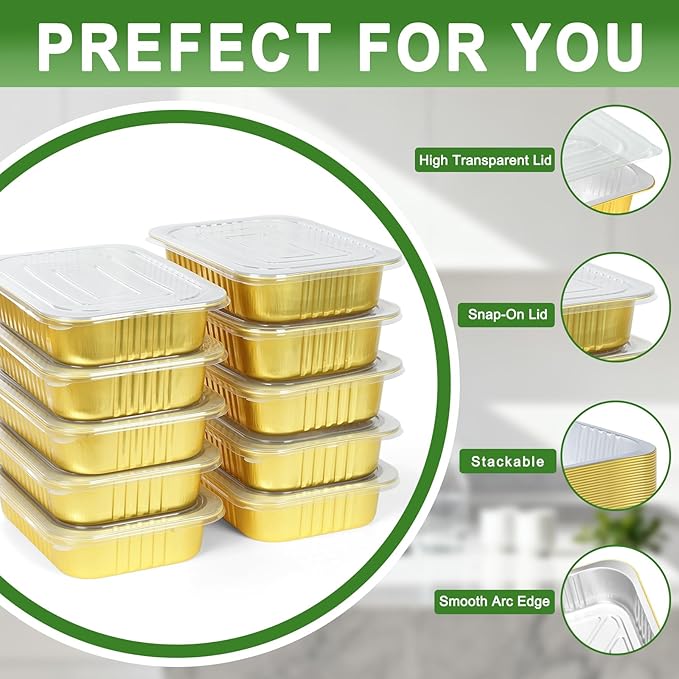 20 Pack 5LB Gold Aluminum Foil Pans with Lids Heavy Duty 11"×8"×2" Foil Food Containers with Lids, Tin Foil Pans for Baking, Meal Prep, Freezer, Heating and Takeout