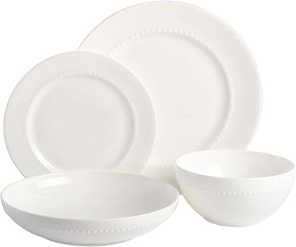 Gibson Elite Embossed Bone China 16-Piece Double Bowl Dinnerware Set, Service for 4 – White Elegant Plates and Bowls