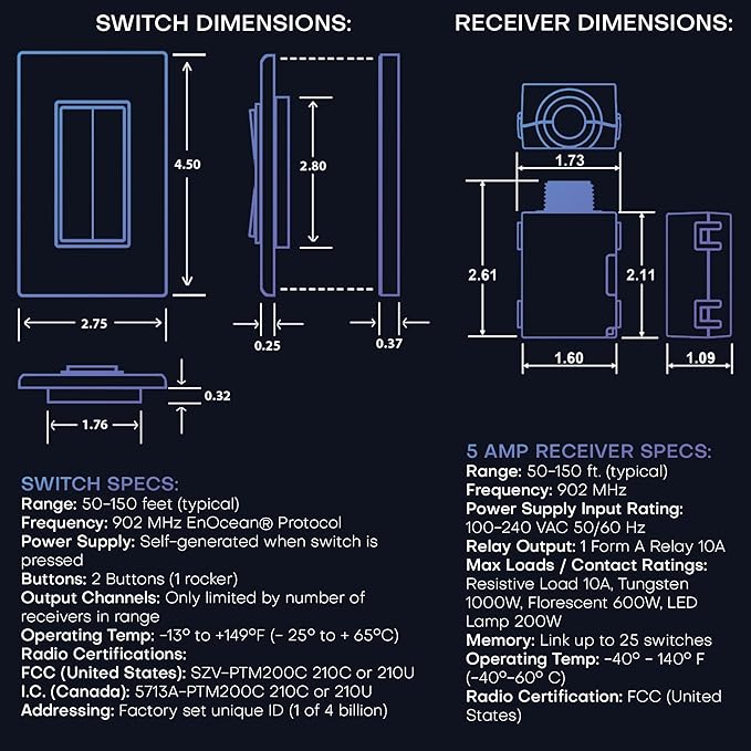 RunLessWire 3-Way Fan & Light Battery-Free DIY Kinetic Wireless Light Switch Kit