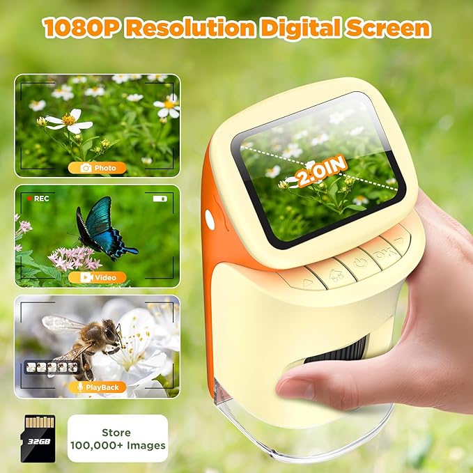 Microscope for Kids 2-in-1 Pocket Portable 1000X 2.0'' HD Screen Handheld Digital Microscopes with 10 Slides, Photo/Video, 6 Adjustable LEDs, Edu Science Kit Gift for Kids Age 5-7 8-12