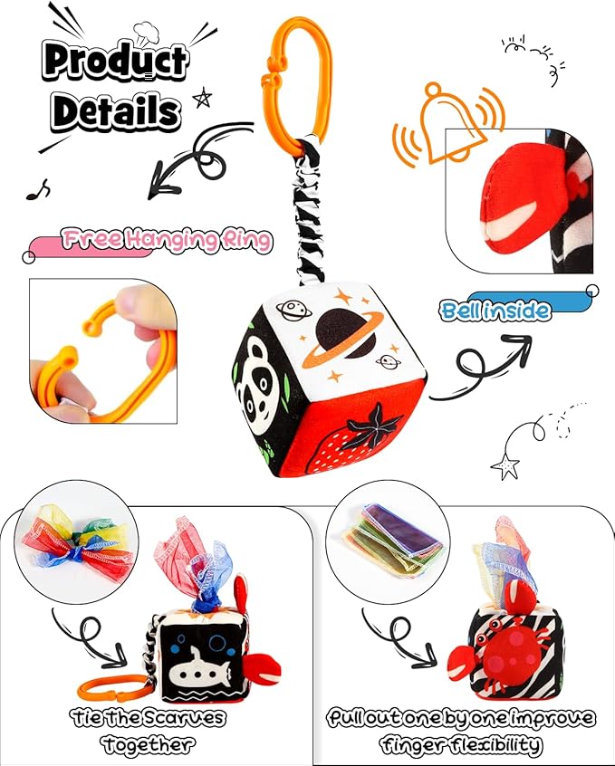 3 PCS Black and White High Contrast Baby Toys for Newborn, Montessori Toy Sensory Infant Tummy Time Toy Baby Essentials 0-6-12 Months Gifts